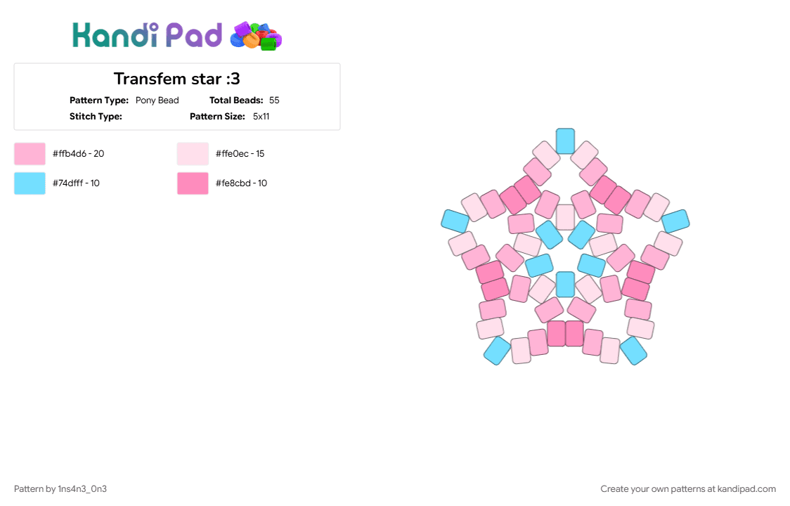 Transfem star :3 - Pony Bead Pattern by 1ns4n3_0n3 on Kandi Pad - lgbtq, lgbtqia, pink, pride, pride flag, transfem, transfem kandi, transfeminine, transfeminine pride