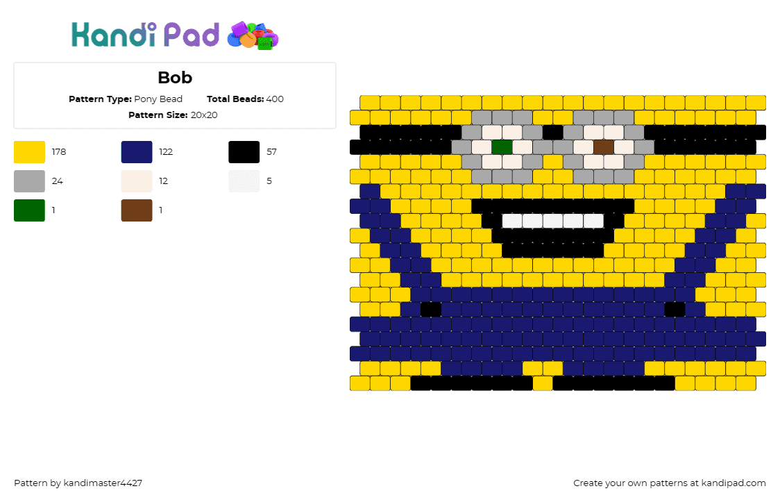 Bob - Pony Bead Pattern by kandimaster4427 on Kandi Pad - bob,minion,despicable me,character,glasses,panel,movie,yellow,blue