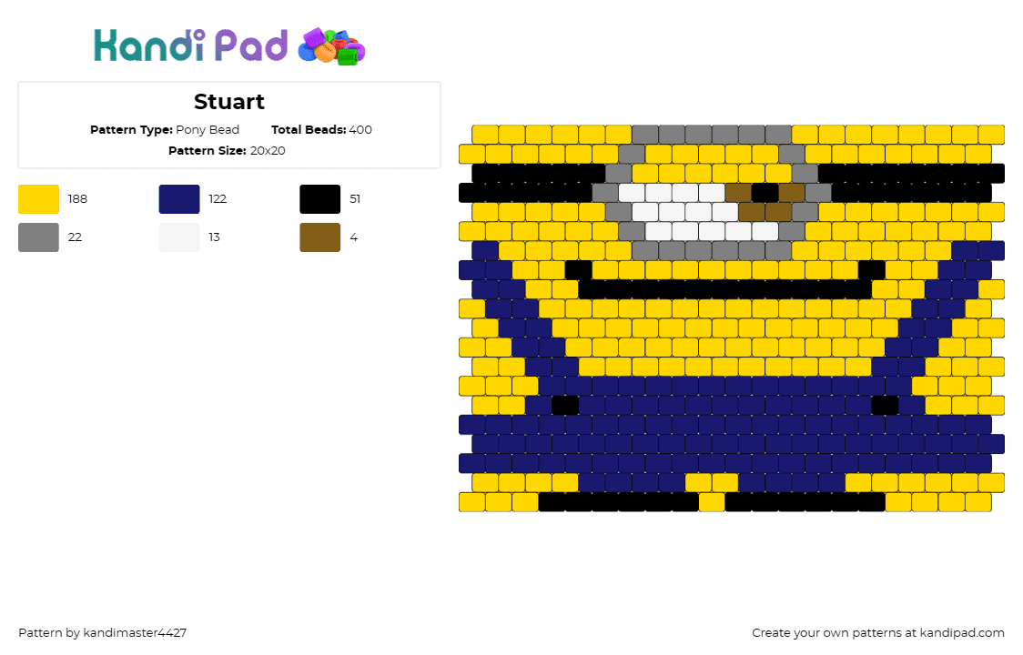 Stuart - Pony Bead Pattern by kandimaster4427 on Kandi Pad - stuart,minion,despicable me,character,cyclops,eye,panel,movie,yellow,blue