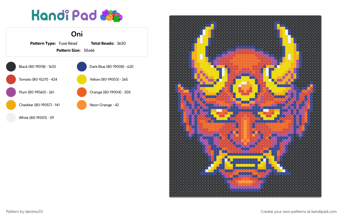 Oni - Fuse Bead Pattern by danimo33 on Kandi Pad - black, blue, orange, red