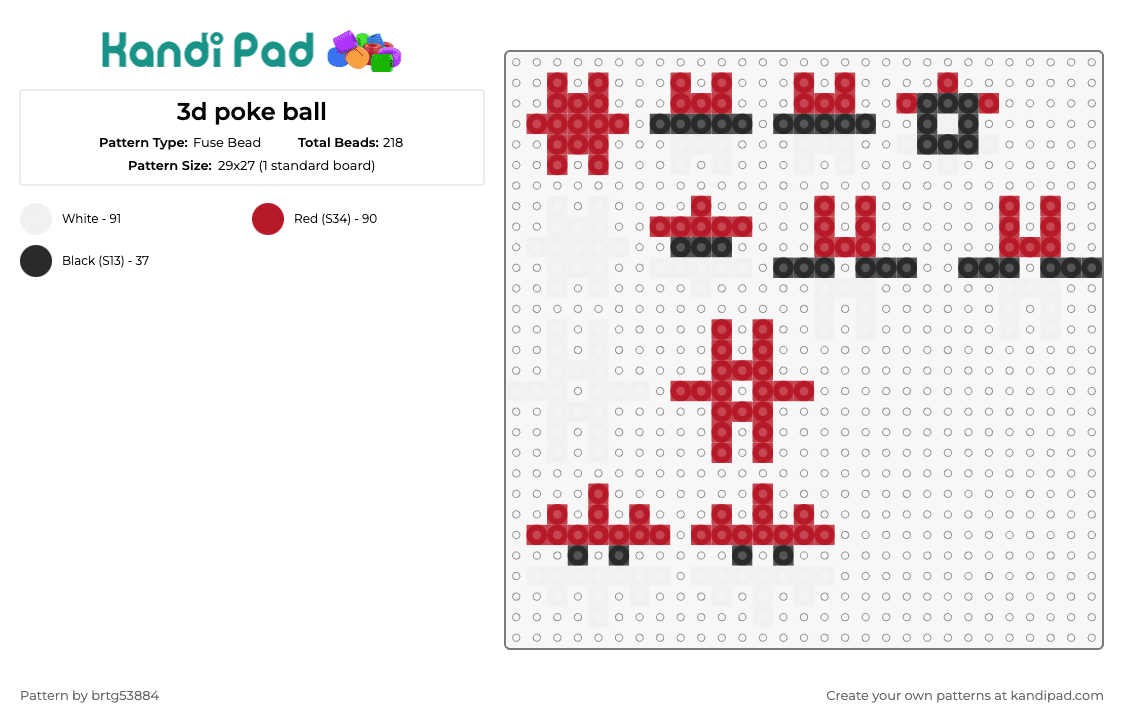 3d poke ball - Fuse Bead Pattern by brtg53884 on Kandi Pad - pokeball,pokemon,3d,gaming,puzzle,red,white