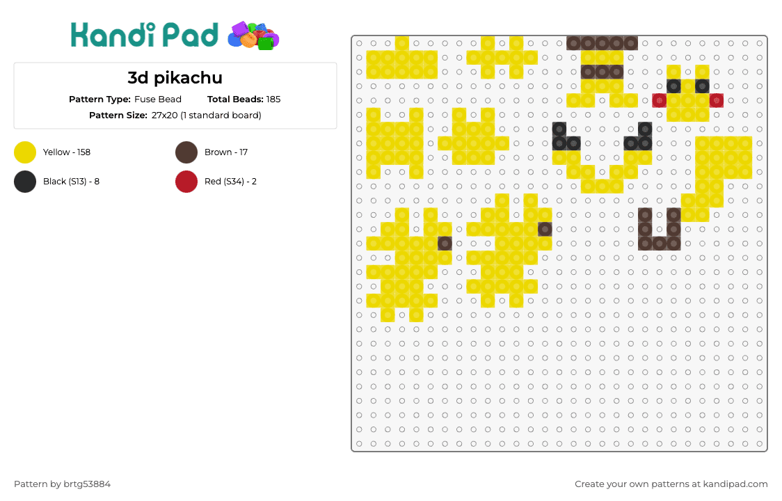 3d pikachu - Fuse Bead Pattern by brtg53884 on Kandi Pad - pikachu,pokemon,3d,character,gaming,puzzle,yellow
