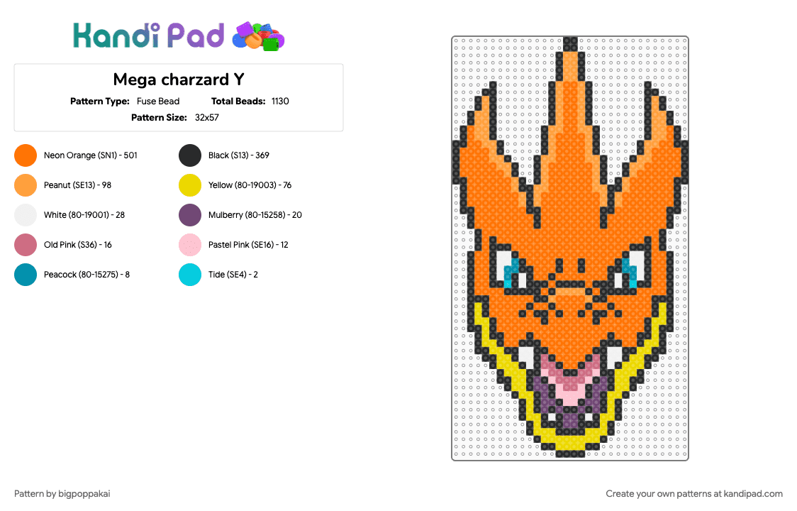 Mega charzard Y - Fuse Bead Pattern by bigpoppakai on Kandi Pad - orange