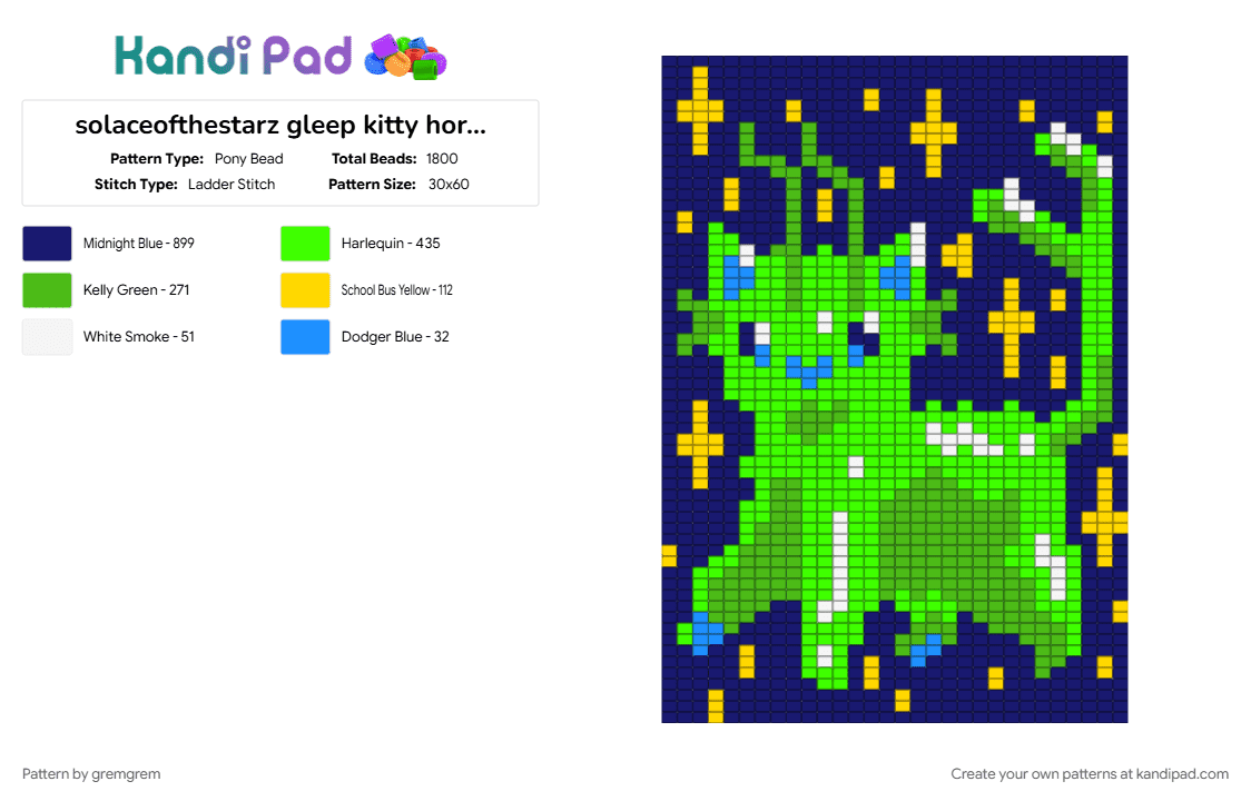 solaceofthestarz gleep kitty horizontal - Pony Bead Pattern by gremgrem on Kandi Pad - green, purple