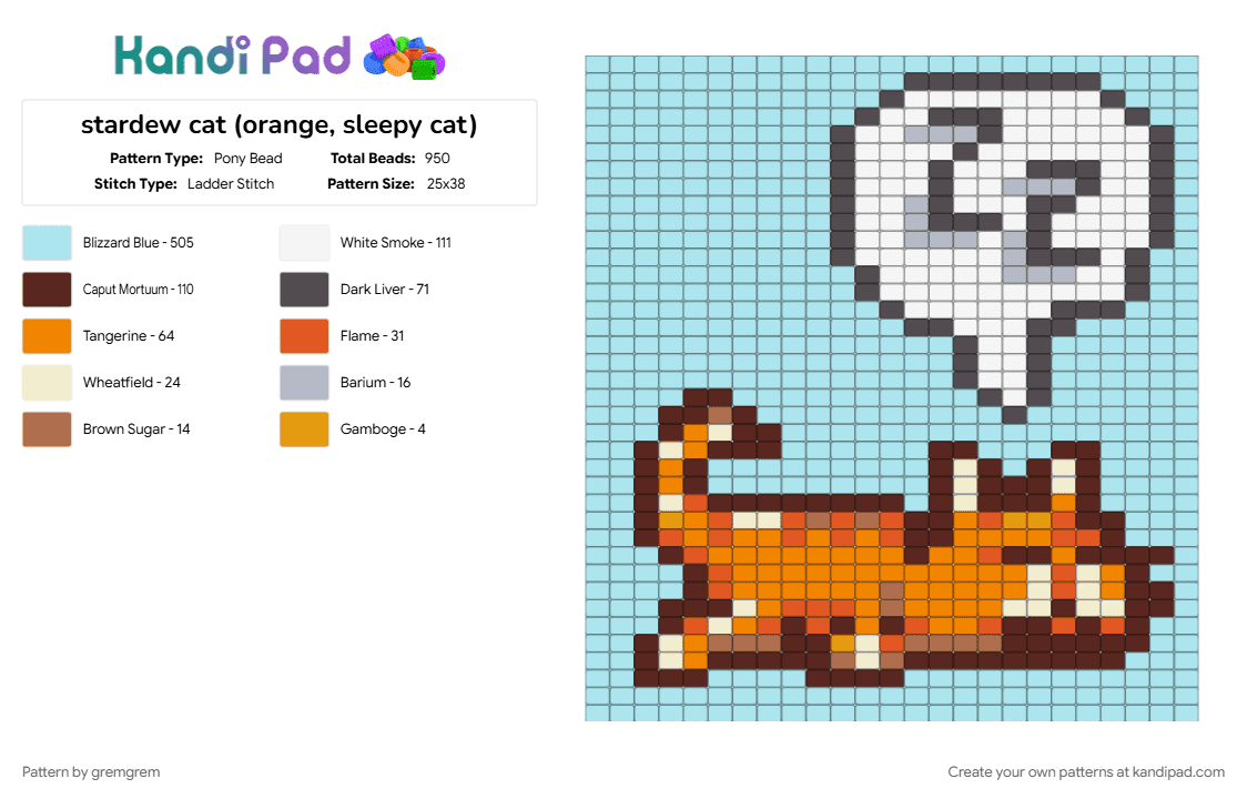 stardew cat (orange, sleepy cat) - Pony Bead Pattern by gremgrem on Kandi Pad - brown, light blue