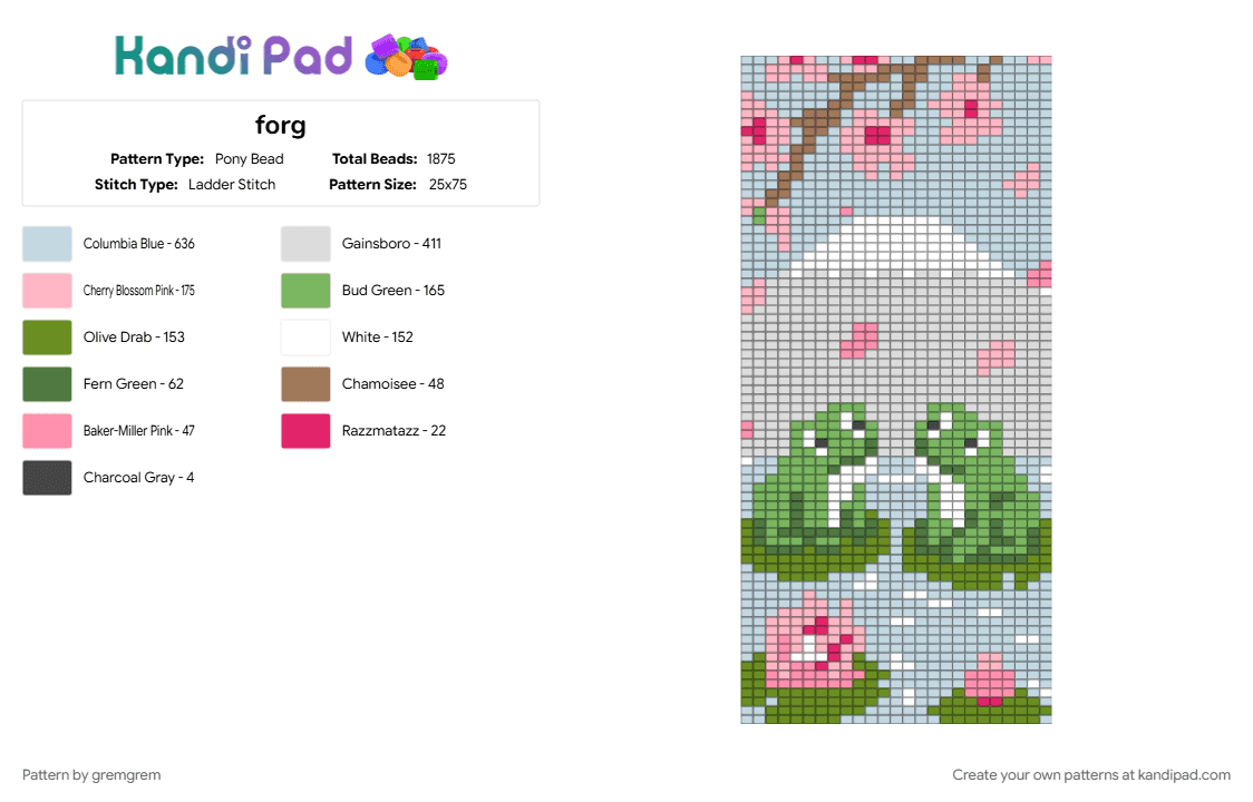 forg - Pony Bead Pattern by gremgrem on Kandi Pad - green, pink, white