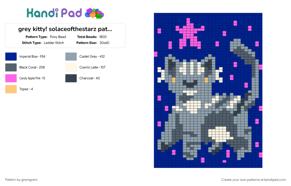 grey kitty! solaceofthestarz pattern but horizontal - Pony Bead Pattern by gremgrem on Kandi Pad - gray, purple