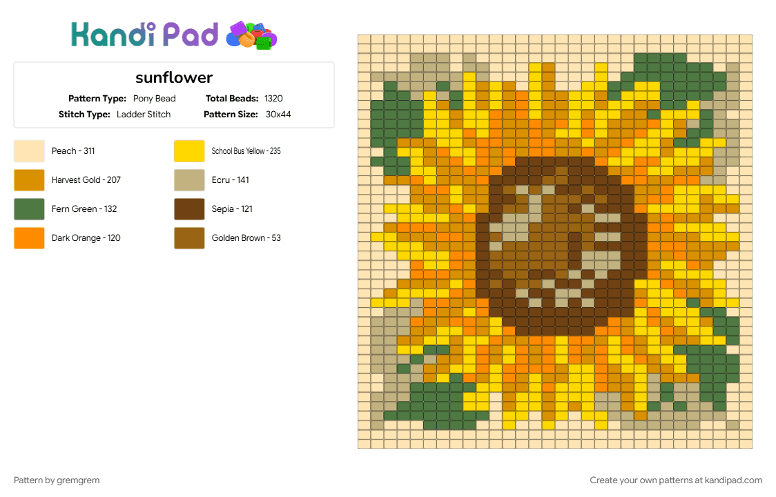 sunflower - Pony Bead Pattern by gremgrem on Kandi Pad - beige, orange, yellow