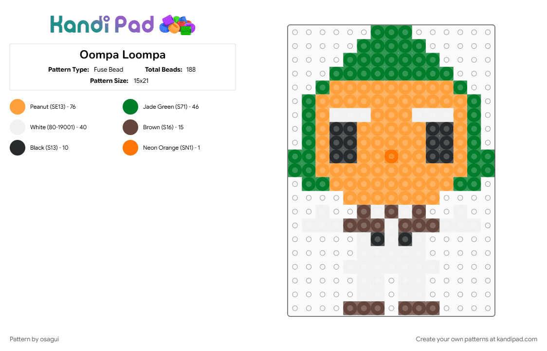 Oompa Loompa - Fuse Bead Pattern by osagui on Kandi Pad - 1970s, cotdcircuses, fictional character, green, movie, orange, willy wonka
