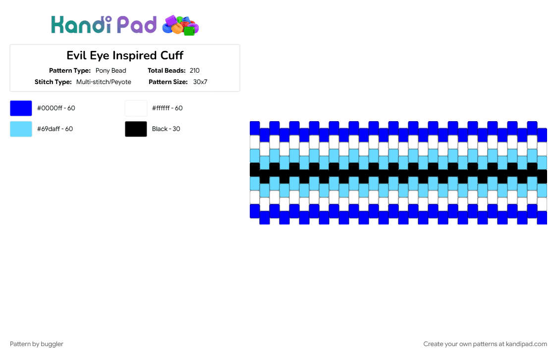 Evil Eye Inspired Cuff - Pony Bead Pattern by buggler on Kandi Pad - black, blue, cuff kandi, cuff pattern, cuffs, evil eye, eyes, light blue, purple, spooky