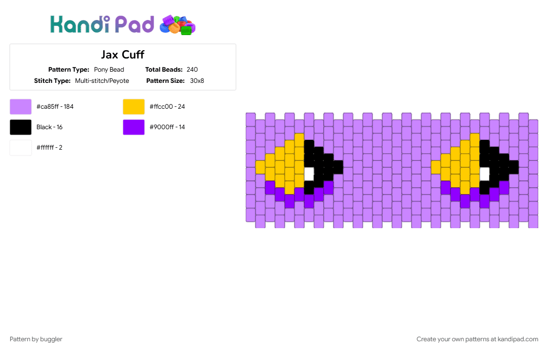 Jax Cuff - Pony Bead Pattern by buggler on Kandi Pad - black, jax, jax tadc, pink, purple, tadc, tadc cuff, white, yellow