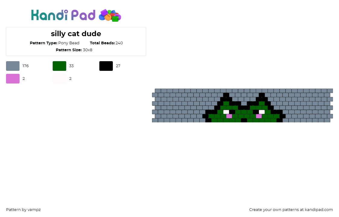 silly cat dude - Pony Bead Pattern by vampz on Kandi Pad - cat,frog,cuff,animal,cute,gray,green