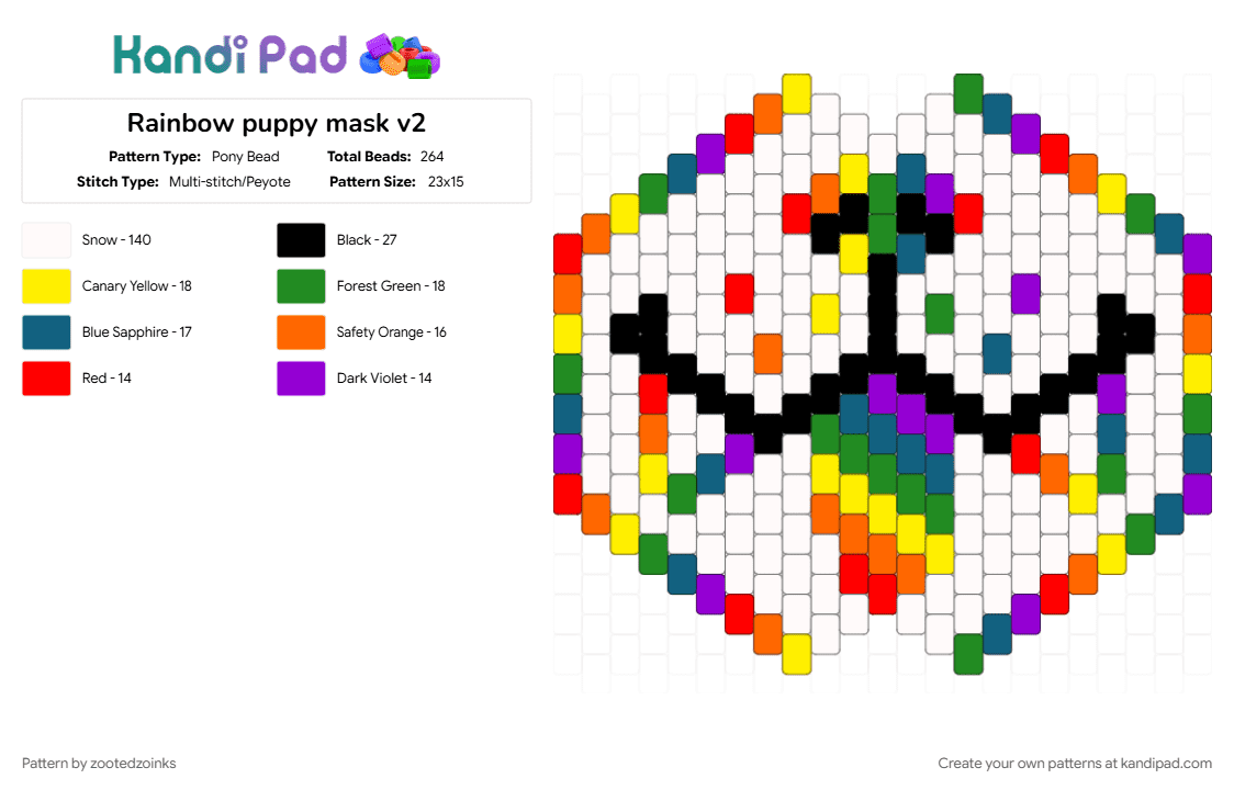 Rainbow puppy mask v2 - Pony Bead Pattern by zootedzoinks on Kandi Pad - blue, colorful, orange, white