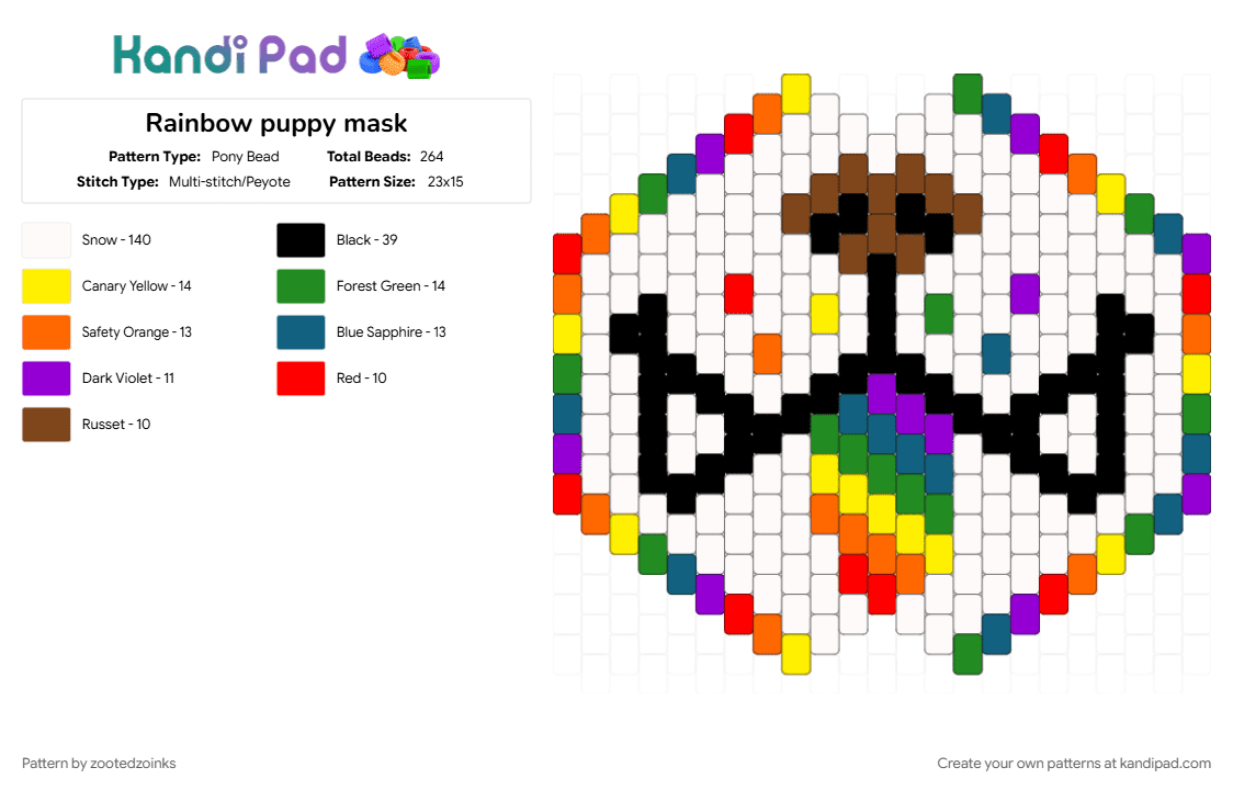 Rainbow puppy mask - Pony Bead Pattern by zootedzoinks on Kandi Pad - blue, colorful, orange, white