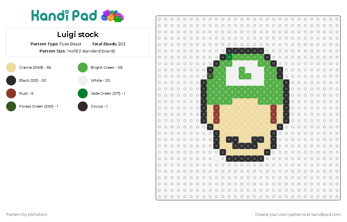 Luigi stock - Fuse Bead Pattern by bichotoro on Kandi Pad - luigi,mario,nintendo,character,head,hat,simple,mustache,video game,beige,green