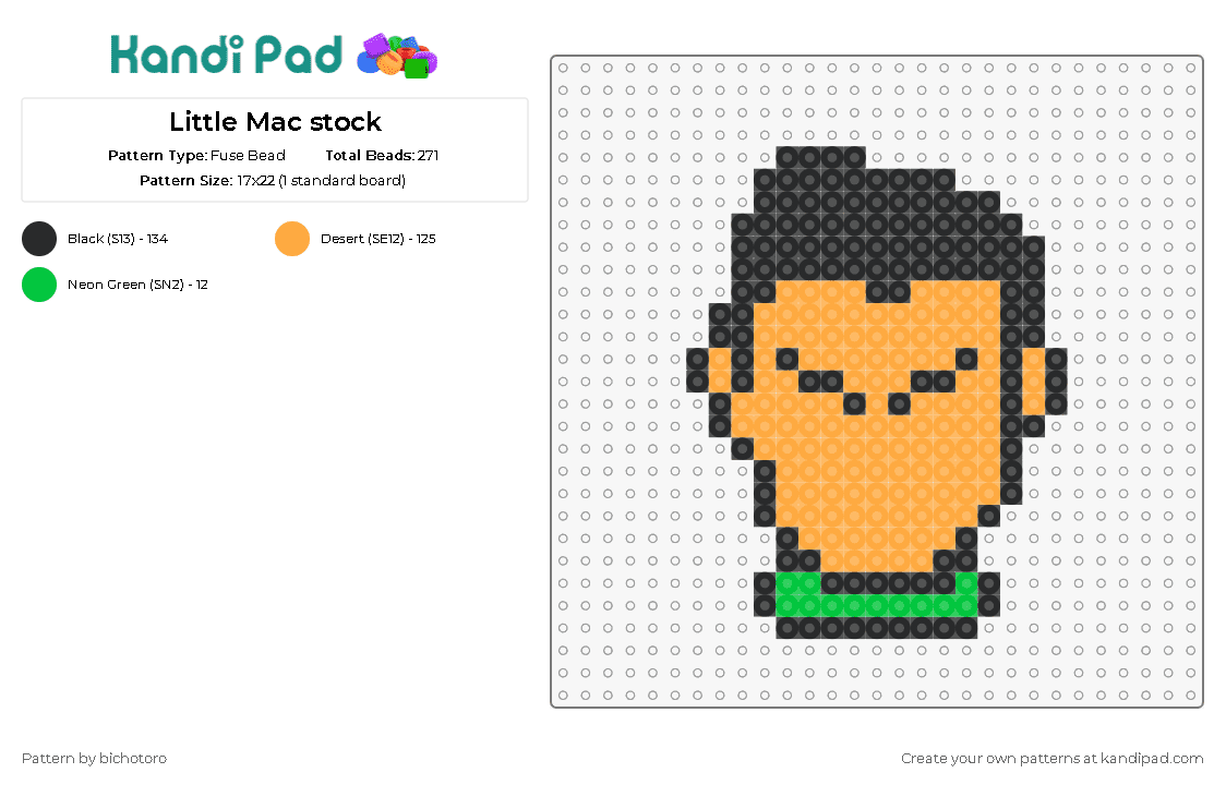 Little Mac stock - Fuse Bead Pattern by bichotoro on Kandi Pad - little mac,punchout,character,head,video game,simple,orange,black