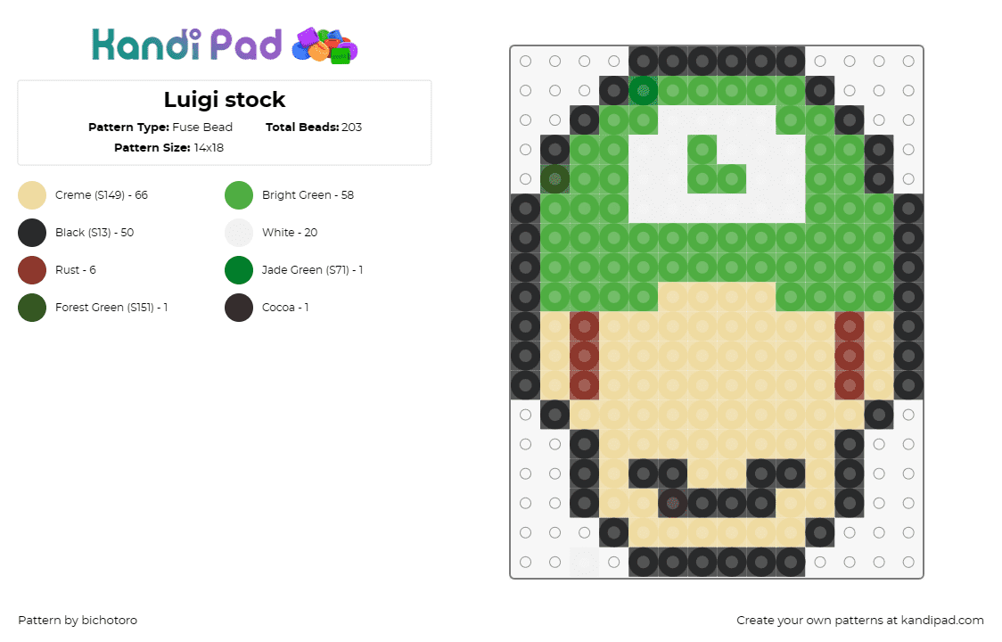 Luigi stock - Fuse Bead Pattern by bichotoro on Kandi Pad - luigi,mario,nintendo,character,head,hat,simple,mustache,video game,beige,green