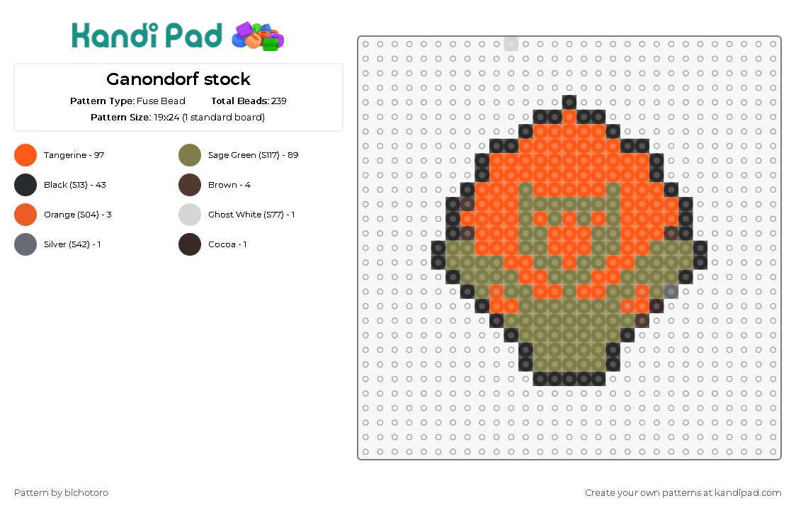 Ganondorf stock - Fuse Bead Pattern by bichotoro on Kandi Pad - ganondorf,legend of zelda,nintendo,character,head,video game,green,orange
