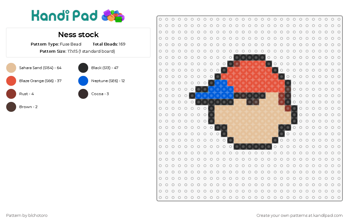 Ness stock - Fuse Bead Pattern by bichotoro on Kandi Pad - ness,nintendo,character,head,hat,simple,video game,beige,red