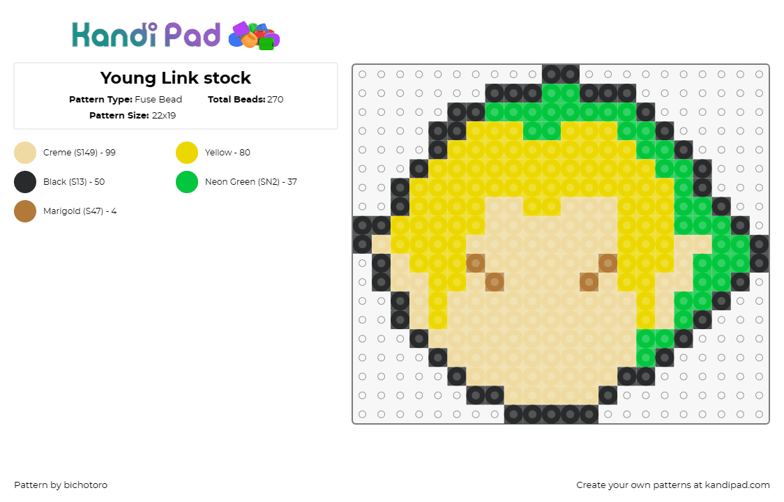 Young Link stock - Fuse Bead Pattern by bichotoro on Kandi Pad - link,legend of zelda,nintendo,character,head,hat,simple,video game,beige,yellow,