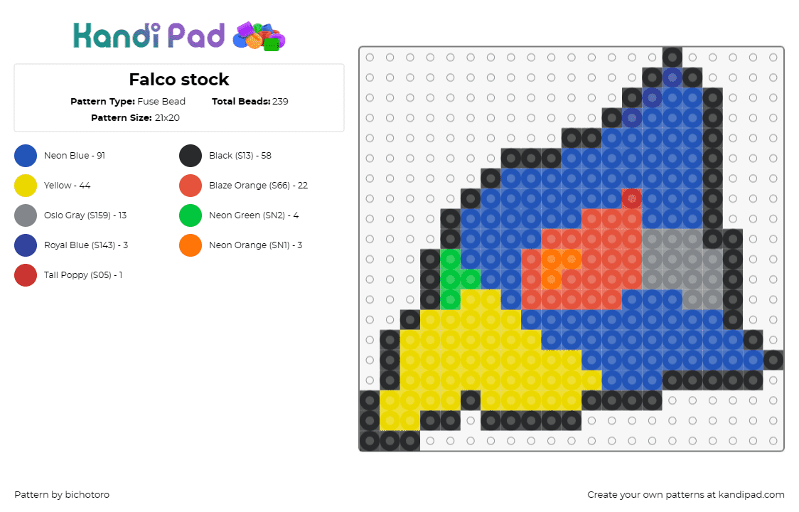 Falco stock - Fuse Bead Pattern by bichotoro on Kandi Pad - falco,star fox,nintendo,character,animal,head,video game,yellow,blue,red