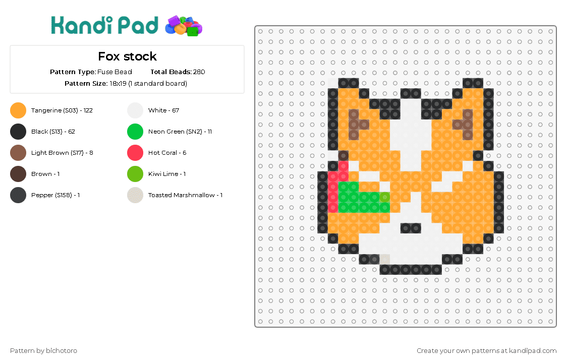 Fox stock - Fuse Bead Pattern by bichotoro on Kandi Pad - star fox,nintendo,character,animal,head,video game,orange,white