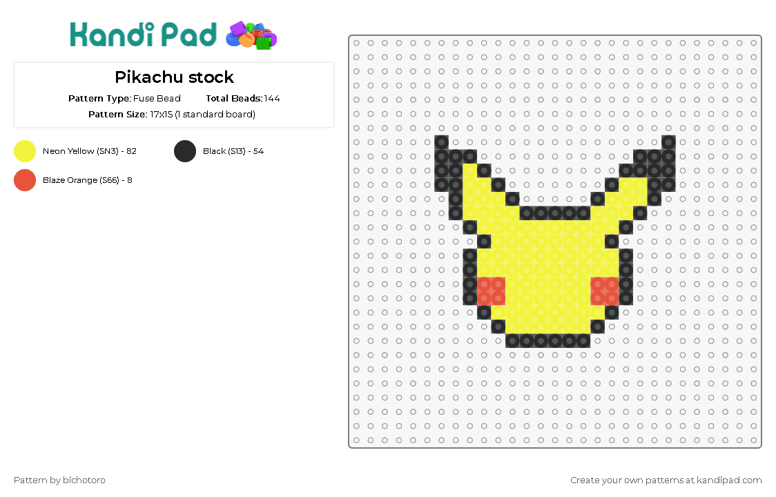 Pikachu stock - Fuse Bead Pattern by bichotoro on Kandi Pad - pikachu,pokemon,character,cute,gaming,simple,yellow