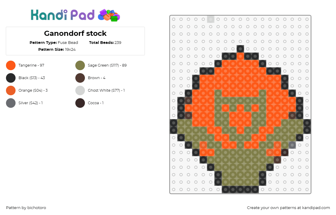 Ganondorf stock - Fuse Bead Pattern by bichotoro on Kandi Pad - ganondorf,legend of zelda,nintendo,character,head,video game,green,orange