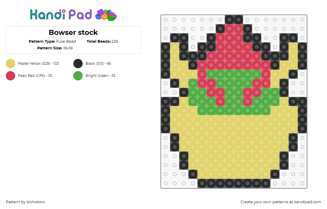 Bowser stock - Fuse Bead Pattern by bichotoro on Kandi Pad - bowser,mario,nintendo,character,head,villain,video game,simple,yellow,green,red