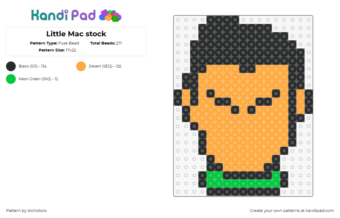 Little Mac stock - Fuse Bead Pattern by bichotoro on Kandi Pad - little mac,punchout,character,head,video game,simple,orange,black