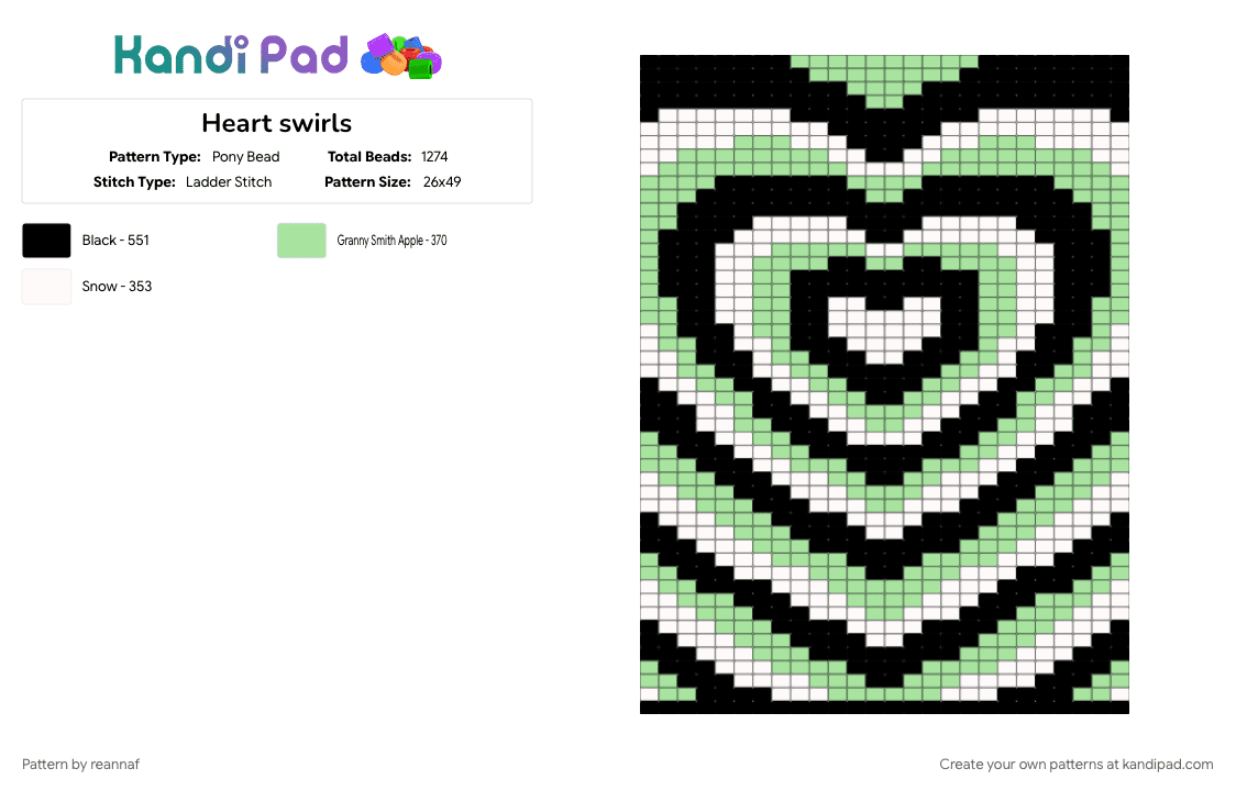 Heart swirls - Pony Bead Pattern by reannaf on Kandi Pad - teal, white