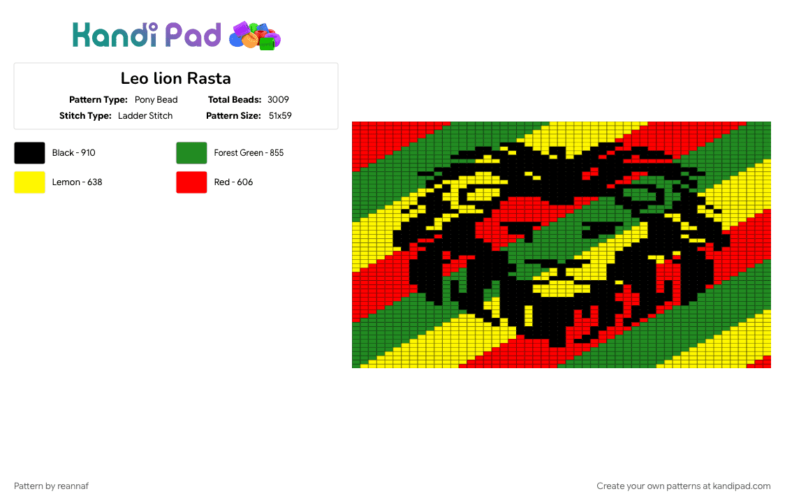 Leo lion Rasta - Pony Bead Pattern by reannaf on Kandi Pad - green