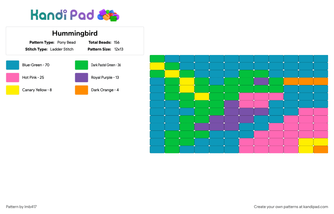 Hummingbird - Pony Bead Pattern by lmb417 on Kandi Pad - green, light blue, pink