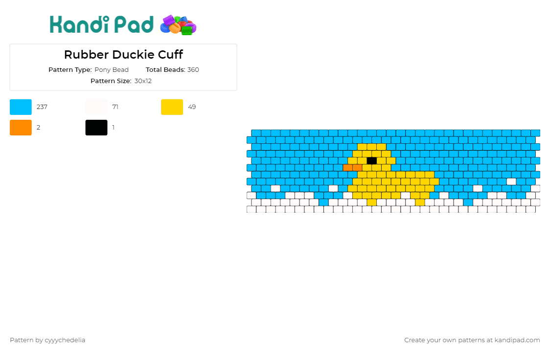 Rubber Duckie Cuff - Pony Bead Pattern by cyyychedelia on Kandi Pad - duck,bath,animal,water,cute,toy,cuff,light blue,yellow