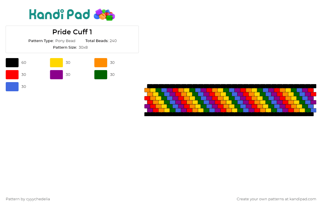 Pride Cuff 1 - Pony Bead Pattern by cyyychedelia on Kandi Pad - pride,diagonal,stripes,rainbow,colorful,cuff