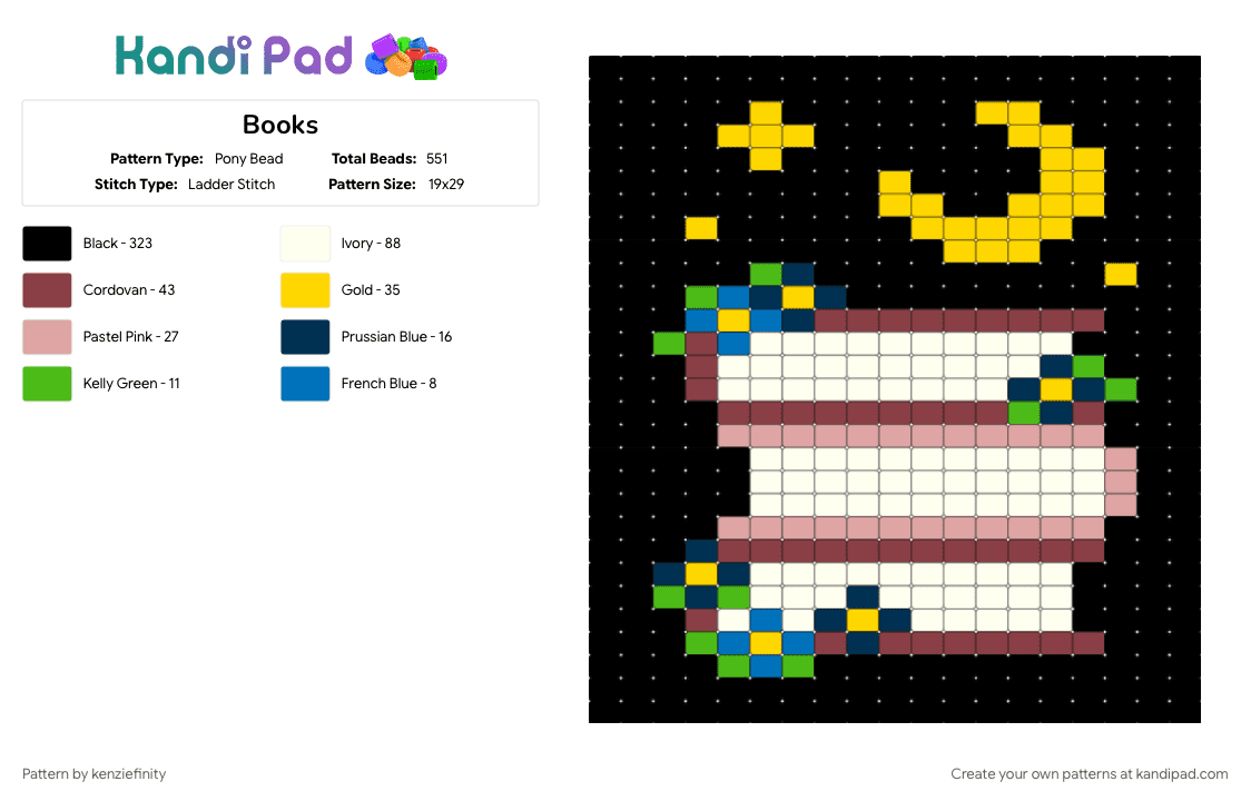 Books - Pony Bead Pattern by kenziefinity on Kandi Pad - beige, black, books, brown, space, stars, yellow