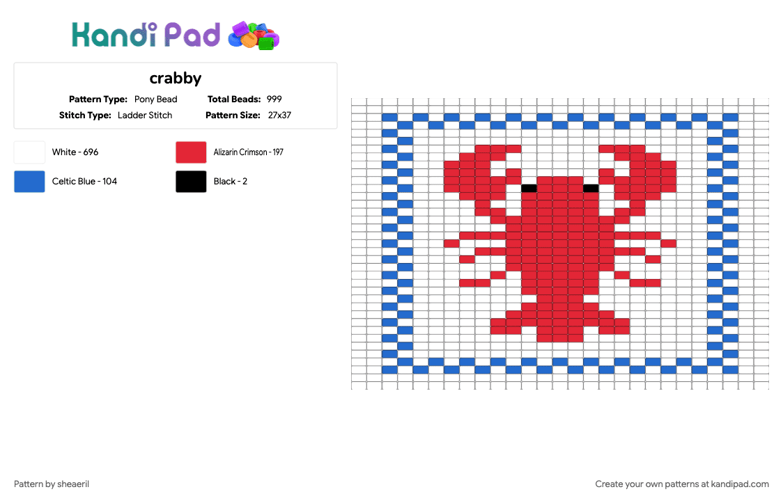 crabby - Pony Bead Pattern by sheaeril on Kandi Pad - blue, red, white
