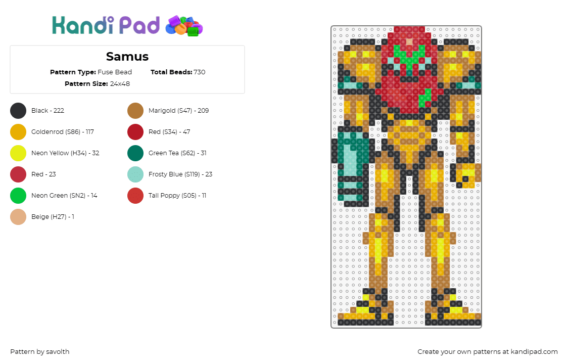 Samus - Fuse Bead Pattern by savolth on Kandi Pad - samus,metroid,nintendo,character,classic,armor,yellow,red