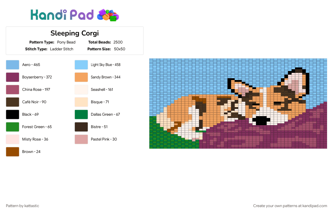 Sleeping Corgi - Pony Bead Pattern by kattastic on Kandi Pad - light blue, orange, pink