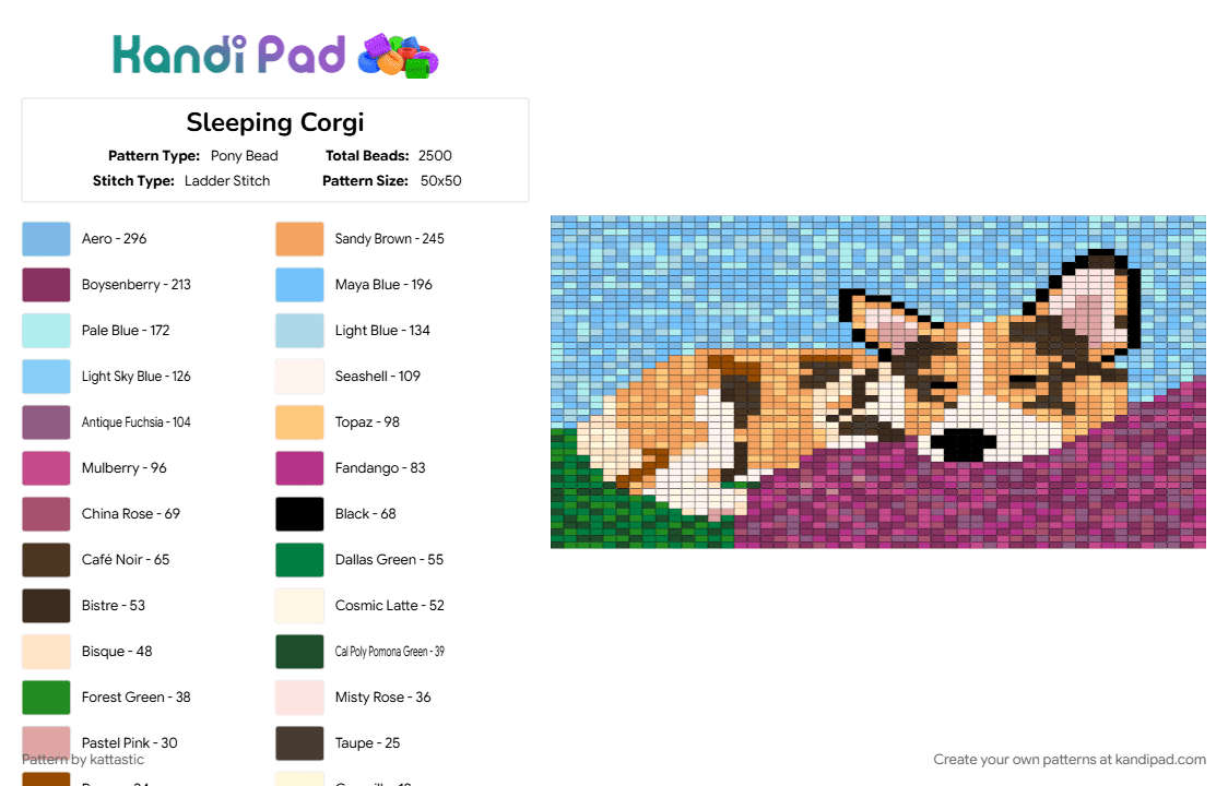 Sleeping Corgi - Pony Bead Pattern by kattastic on Kandi Pad - light blue, orange, pink