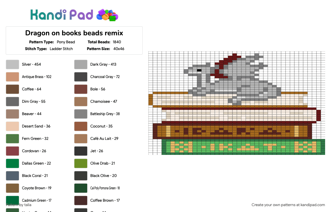 Dragon on books beads remix - Pony Bead Pattern by talia on Kandi Pad - beige, brown, colorful, white