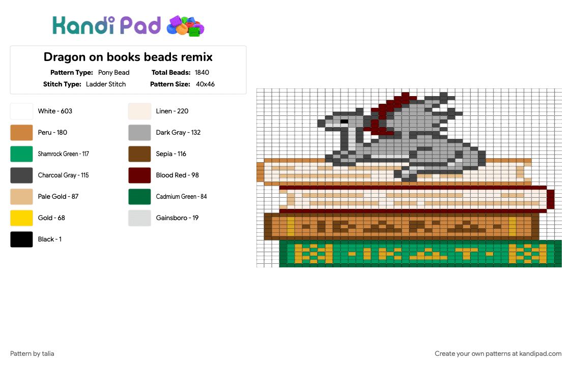 Dragon on books beads remix - Pony Bead Pattern by talia on Kandi Pad - brown, orange, white