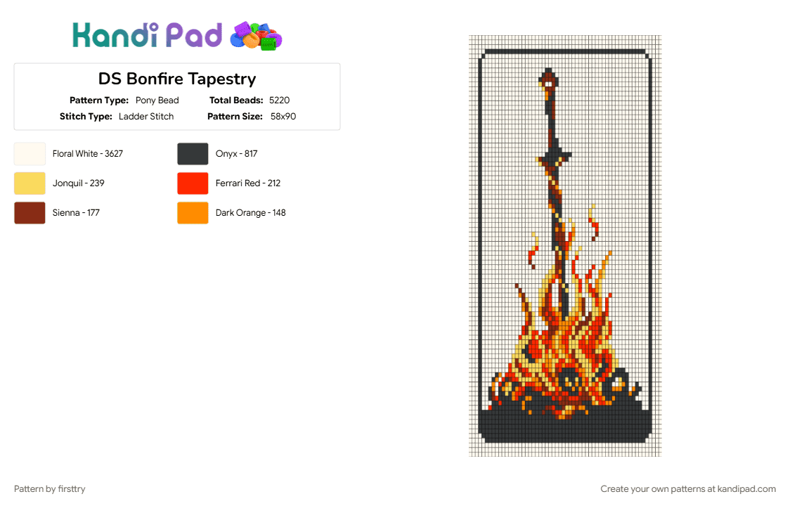 DS Bonfire Tapestry - Pony Bead Pattern by firsttry on Kandi Pad - red, tapestry, white