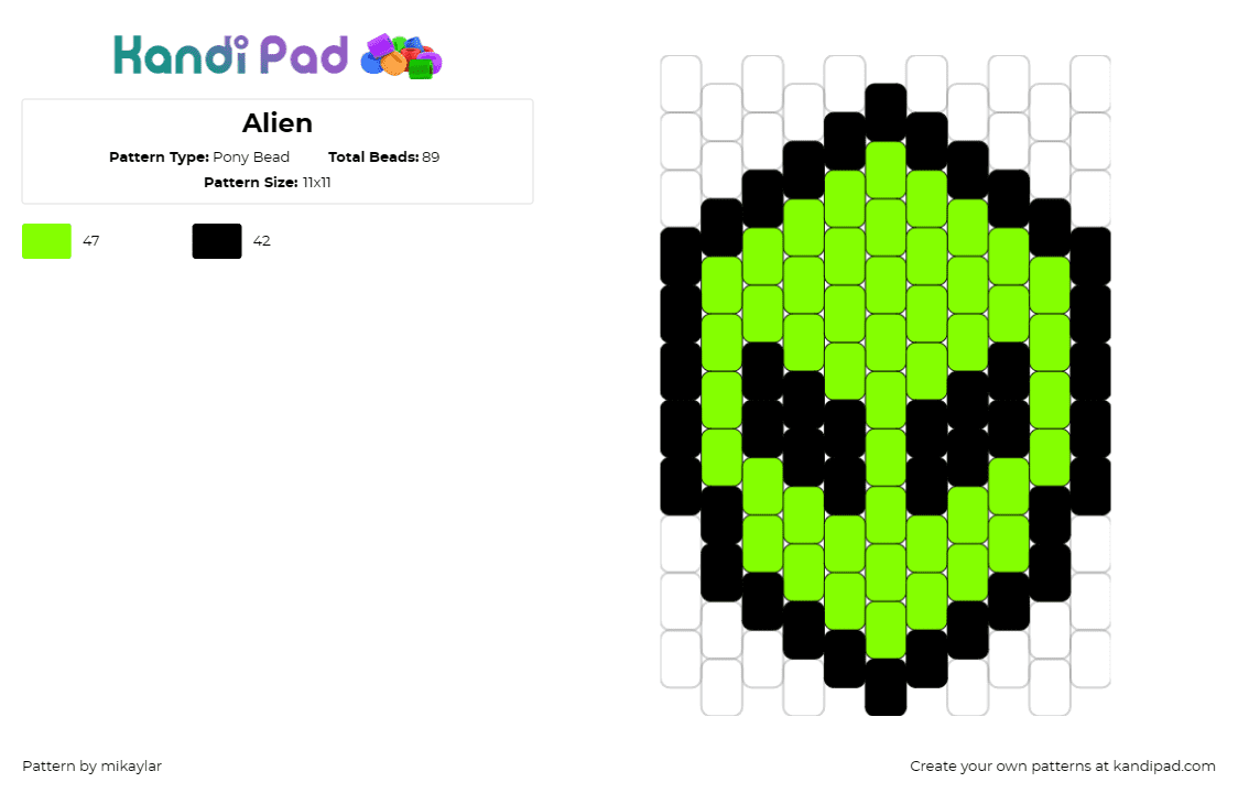 Alien - Pony Bead Pattern by mikaylar on Kandi Pad - alien,extraterrestrial,space,simple,head,green,black