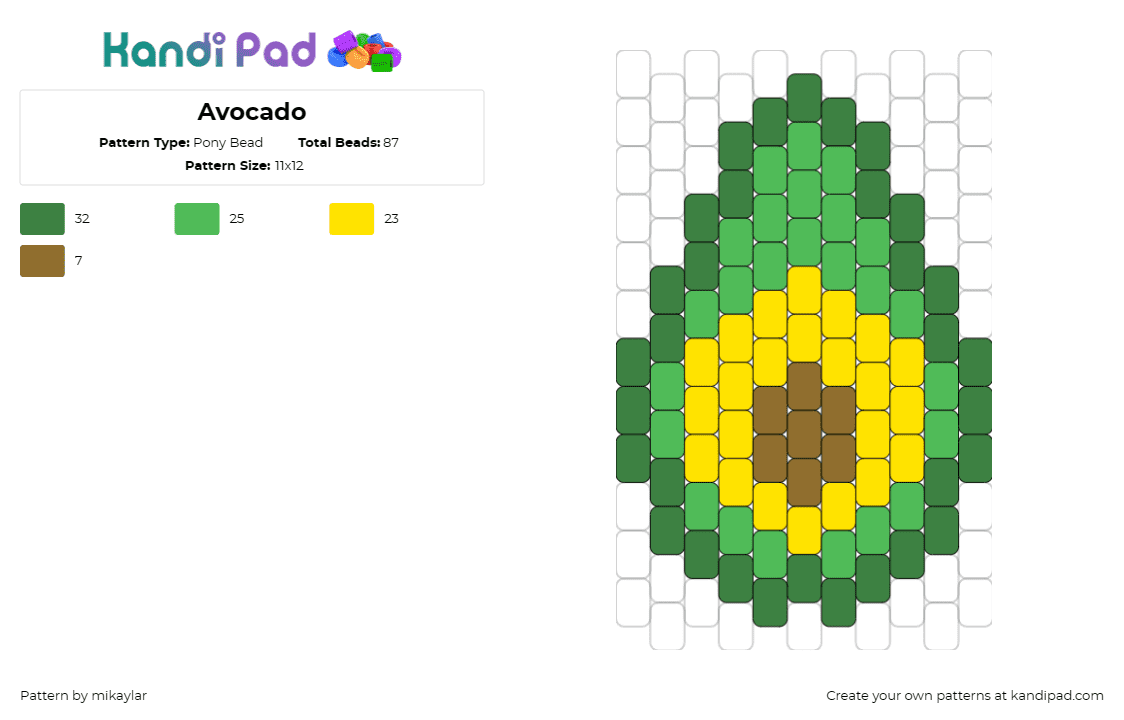 Avocado - Pony Bead Pattern by mikaylar on Kandi Pad - avocado,food,fruit,simple,green,yellow,brown