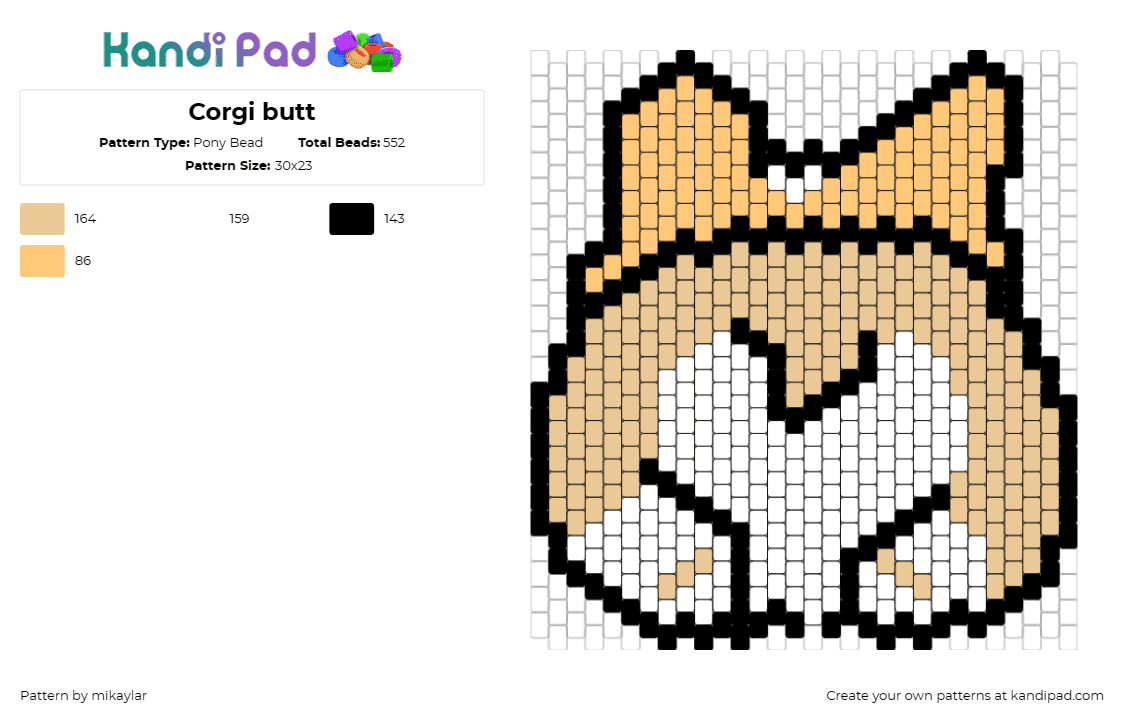 Corgi butt - Pony Bead Pattern by mikaylar on Kandi Pad - corgi,dog,booty,butt,animal,pet,cute,silly,tan,white