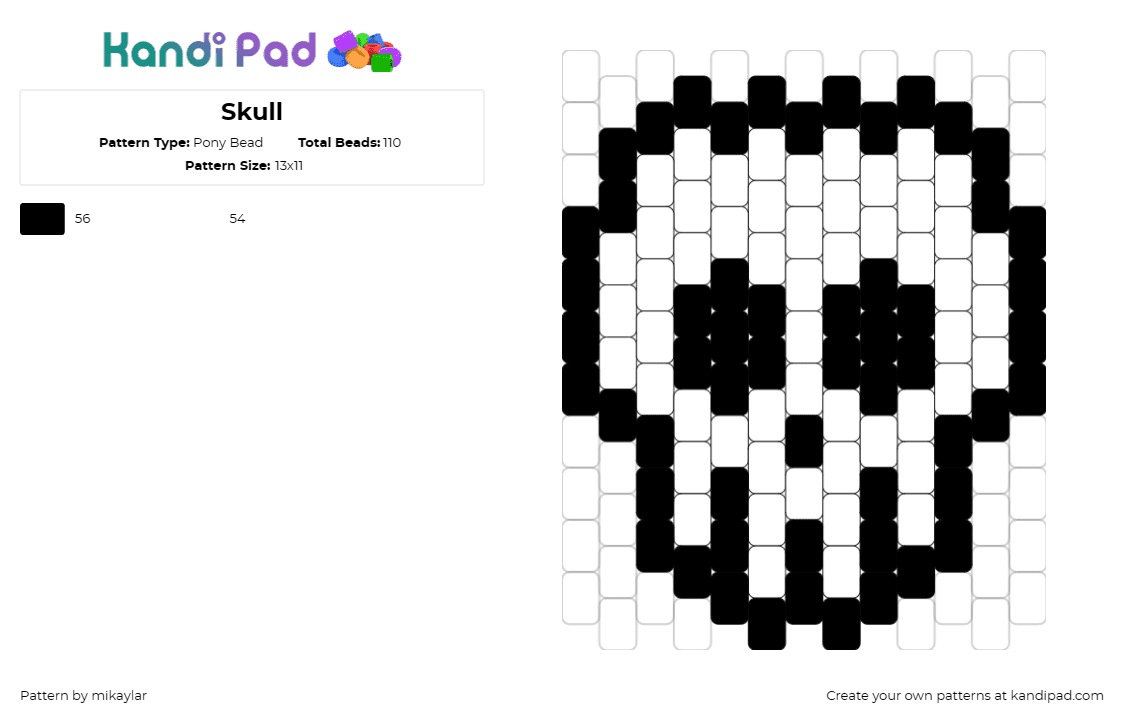 Skull - Pony Bead Pattern by mikaylar on Kandi Pad - skull,skeleton,spooky,simple,halloween,black,white