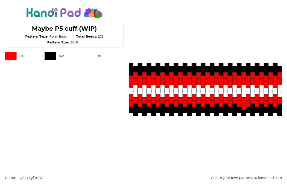 Maybe P5 cuff (WIP) - Pony Bead Pattern by bussyfart87 on Kandi Pad - maybe,persona,cuff,video game,horizontal,stripes,red,white,black