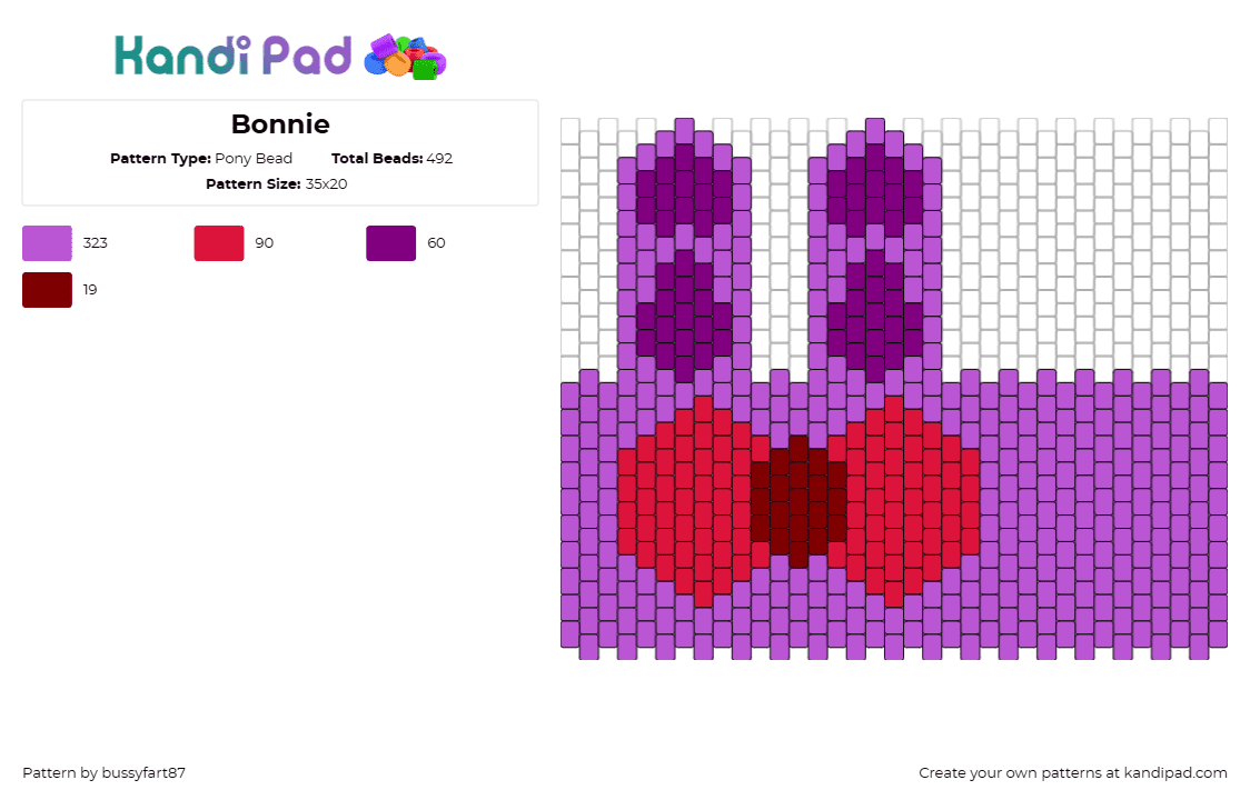 Bonnie - Pony Bead Pattern by bussyfart87 on Kandi Pad - bonnie,bowtie,fnaf,five nights at freddys,horror,video game,cuff,purple,red