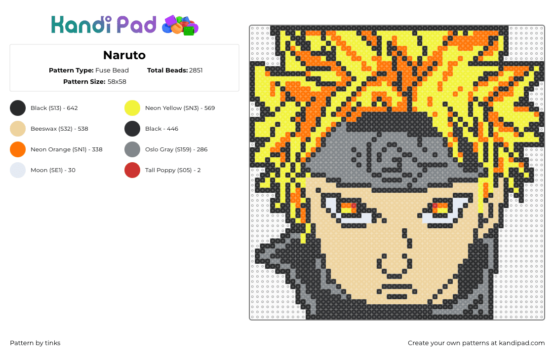 Naruto - Fuse Bead Pattern by tinks on Kandi Pad - naruto uzumaki,portrait,anime,character,tv show,blonde,tan,yellow,gray